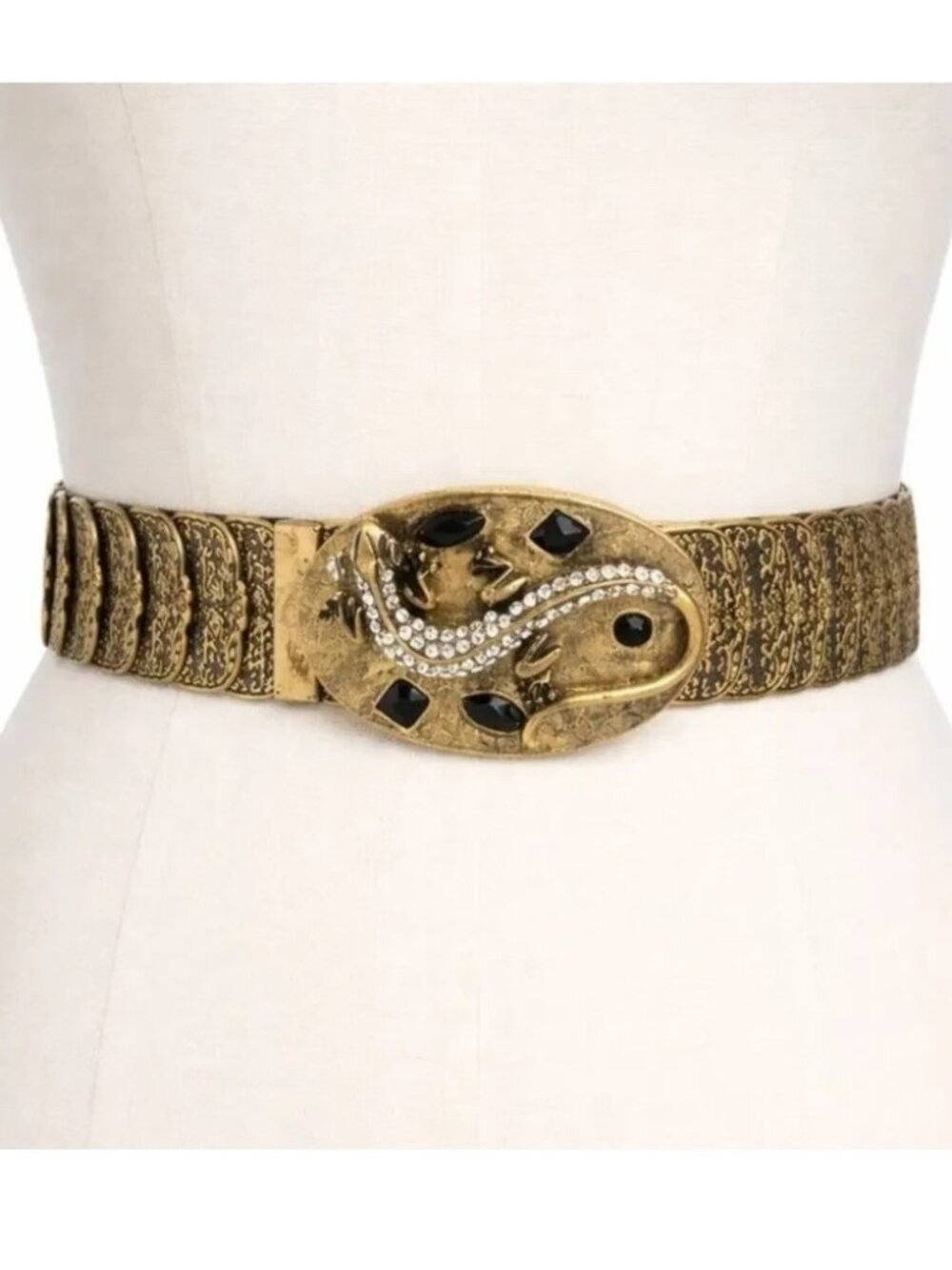 Ornate Gold-Tone Lizard Buckle Filigree Stretch Belt Rhinestone Y2K